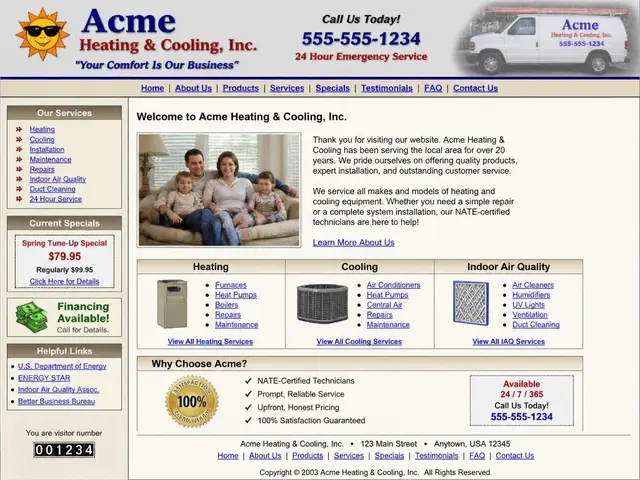 Dated heating business website before redesign