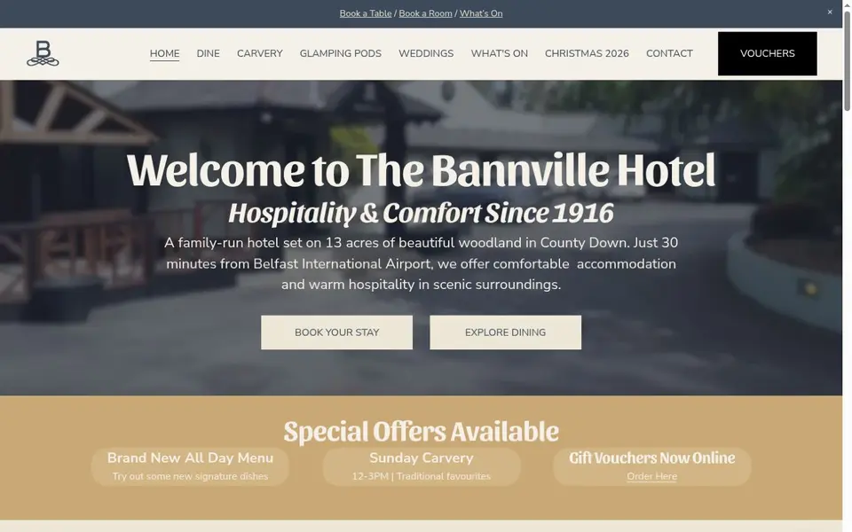 The Bannville Hotel website homepage with room and dining booking options