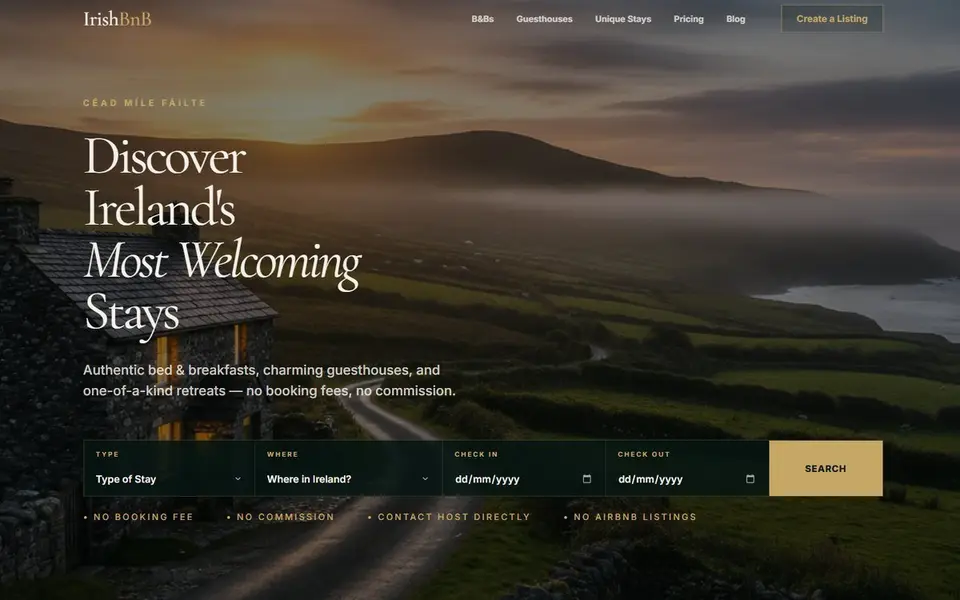 Irish BnB guest accommodation website homepage