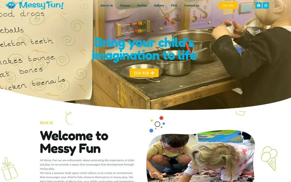 Messy Fun children’s play and party website homepage