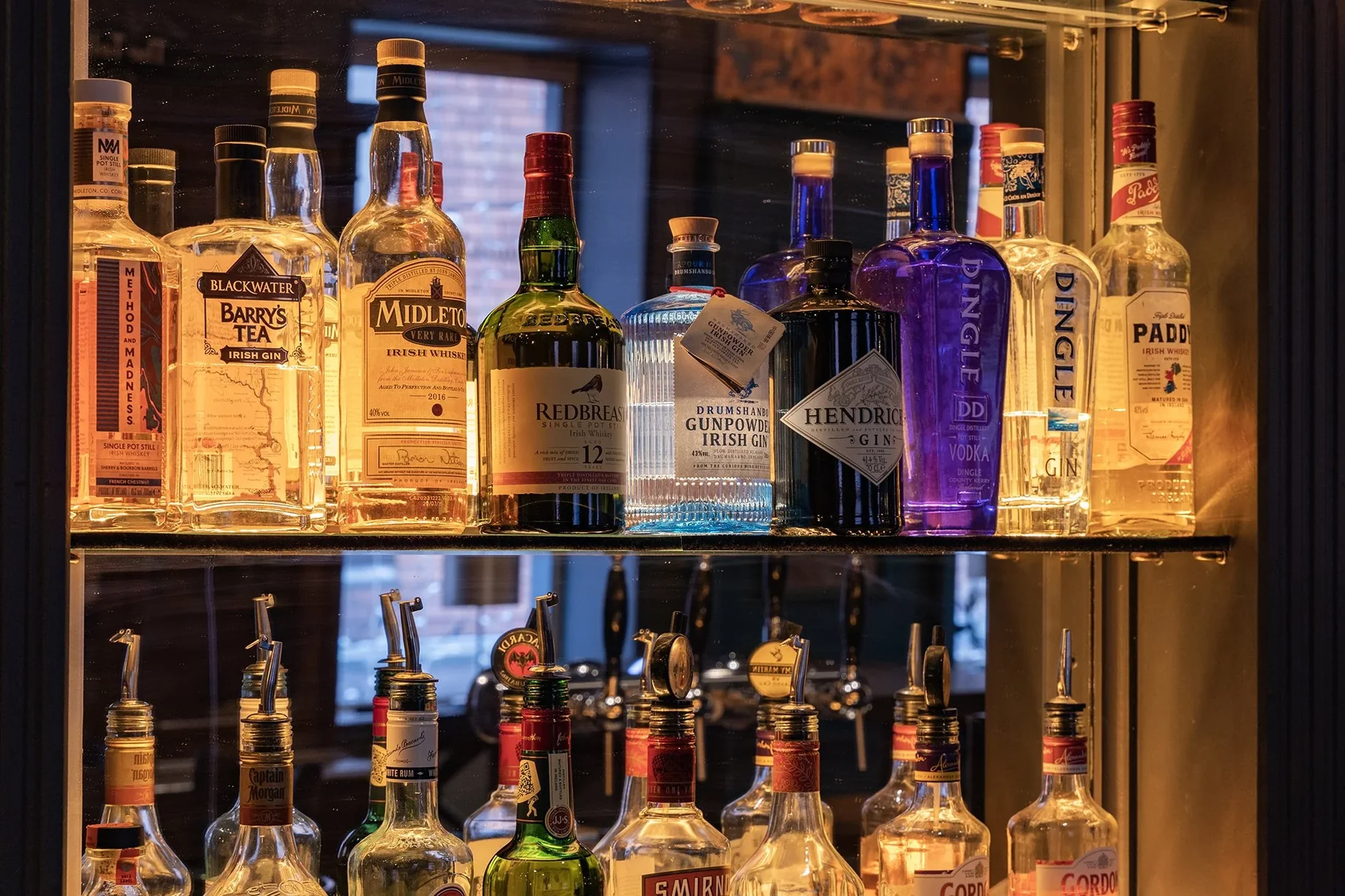 Irish whiskey and spirits behind the bar